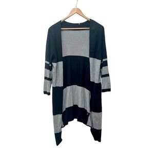 Gray Black Striped Open Front Cardigan Duster‎ Rayon Blend Casual Stylish